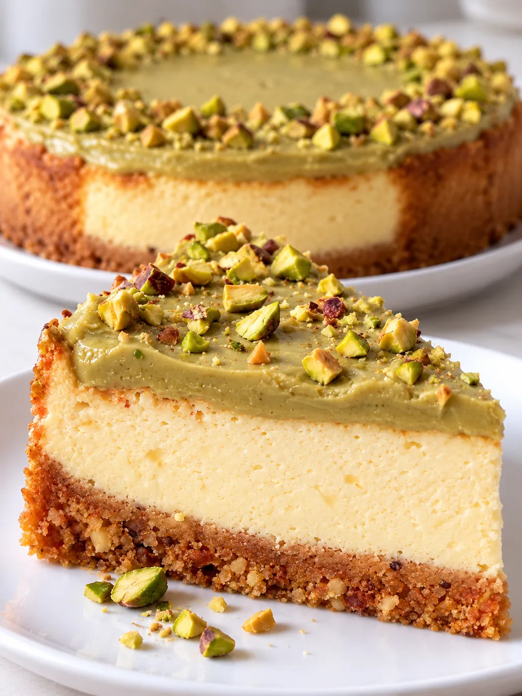 Whole pistachio skyr cheesecake with a cut slice on a white plate in front