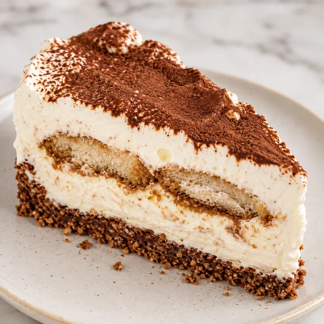 Kawałek sernika tiramisu na zimno z kakao i kawowymi biszkoptami