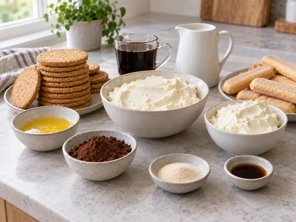 Składniki na sernik tiramisu na zimno z kawą, mascarpone i biszkoptami