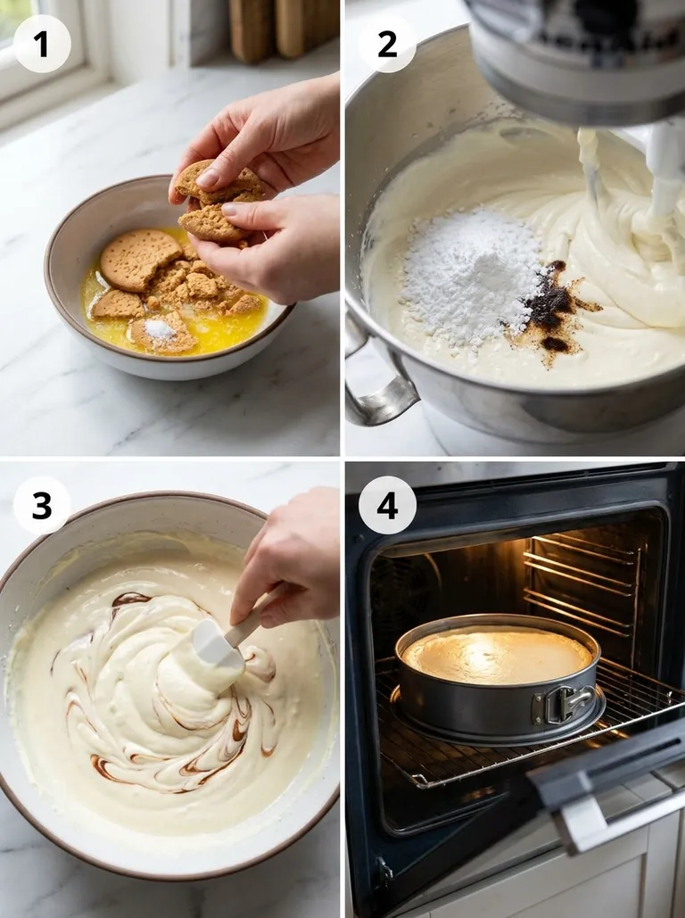 Four steps of making raspberry white chocolate cheesecake from crust to water bath