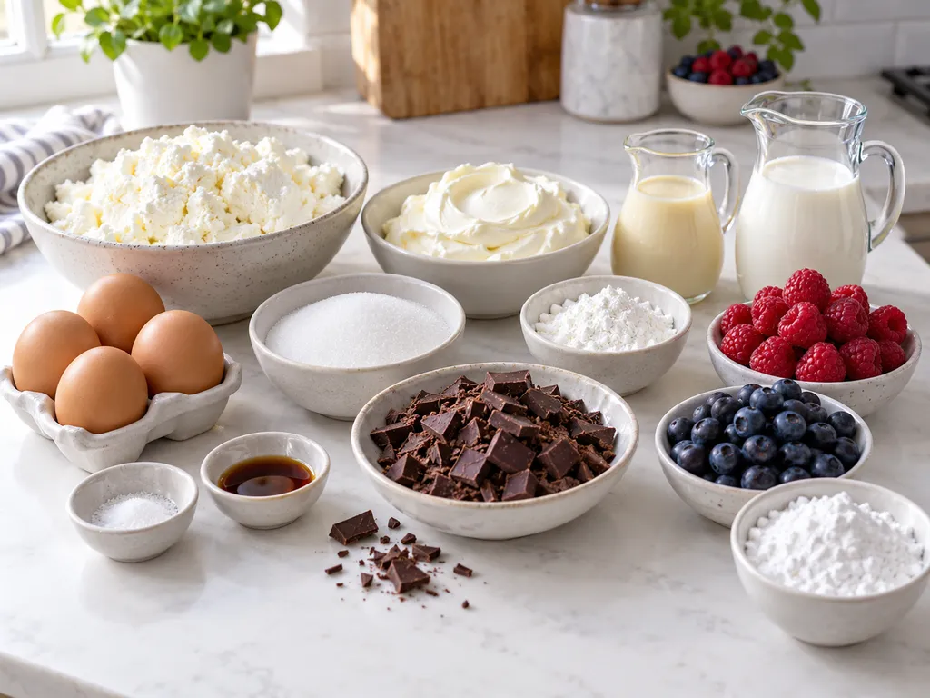 Składniki na sernik z mascarpone, czekoladą, malinami i borówkami