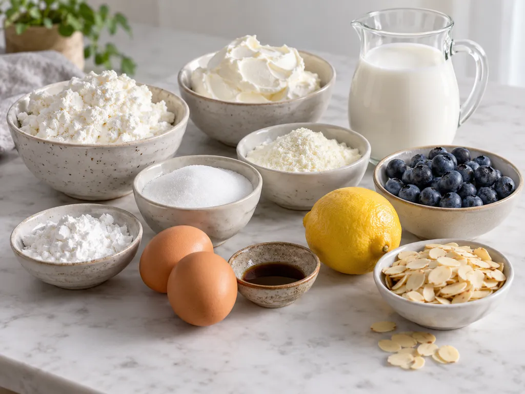 Składniki na sernik z ricotty, mascarpone, borówek i migdałów