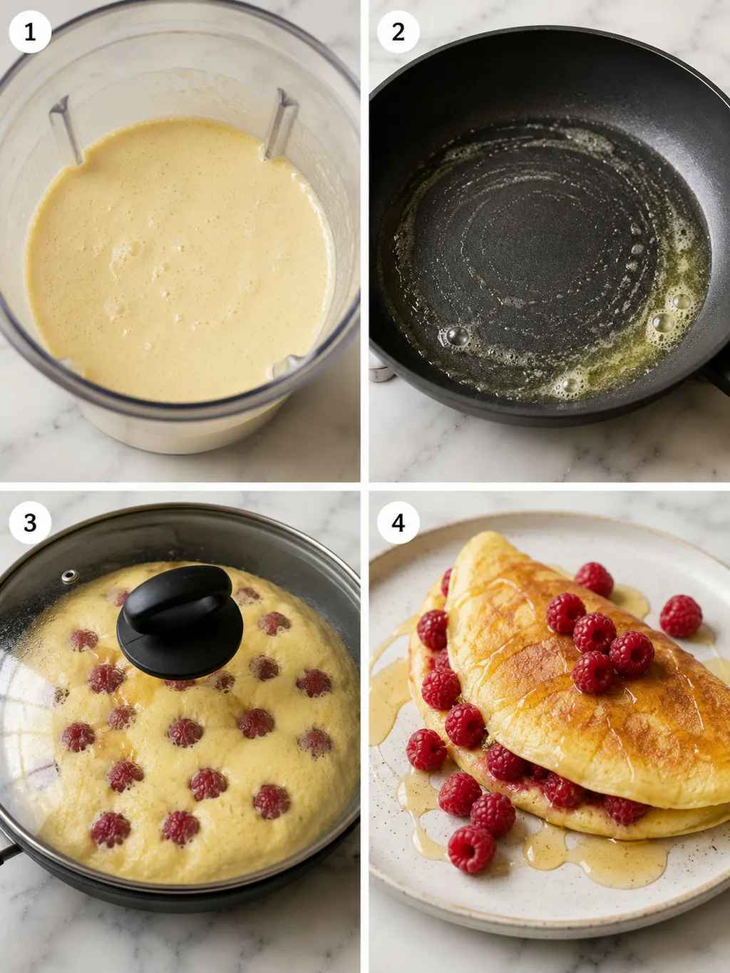 Cztery etapy przygotowania sernikowego omletu z malinami na patelni
