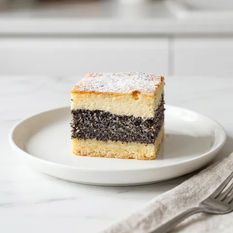 Slice of layered poppy seed and cheese cake with a golden crust dusted with powdered sugar