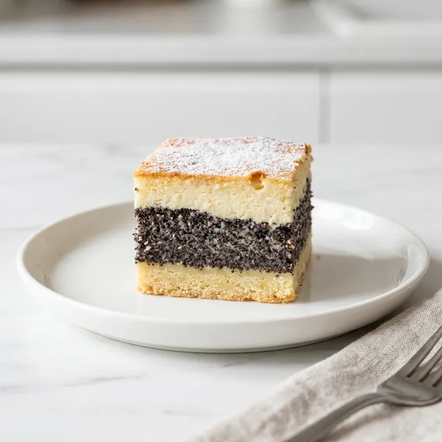Slice of layered poppy seed and cheese cake with a golden crust dusted with powdered sugar
