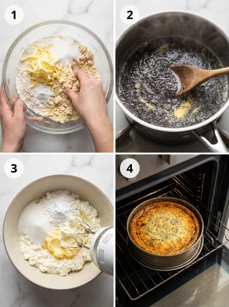 Four steps of layering poppy seed and cheese cake from dough to filled pan