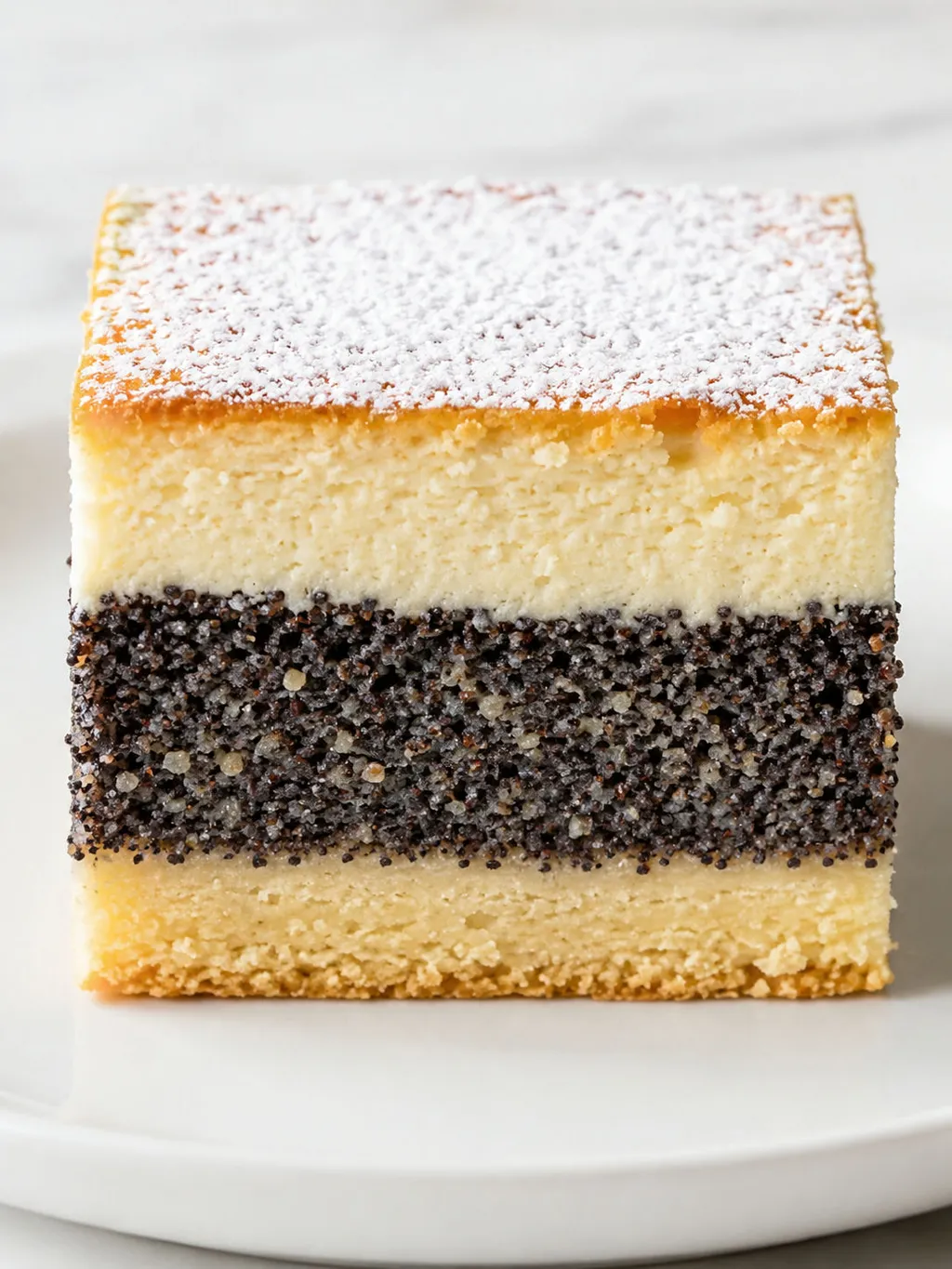Close-up of a layered poppy seed and cheese cake slice with powdered sugar on top