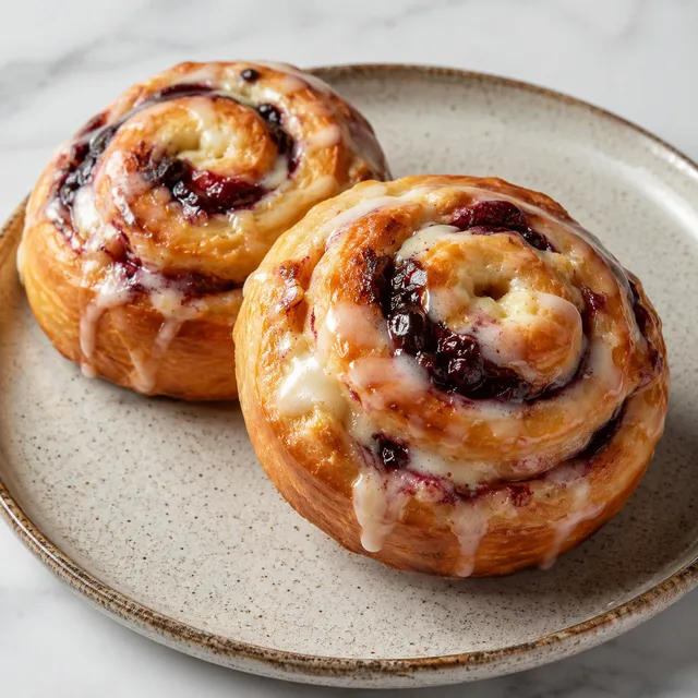 Golden baked cheese and cherry jam snail buns drizzled with white icing
