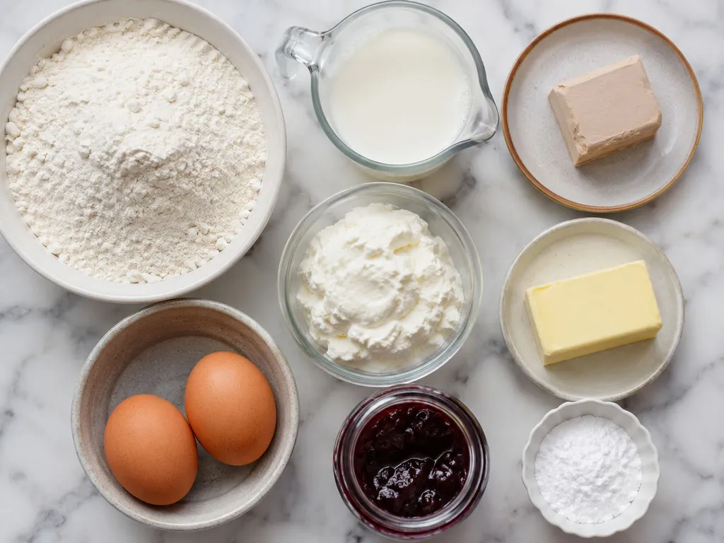 Flour, quark cheese, yeast, butter, eggs and cherry jam for snail buns