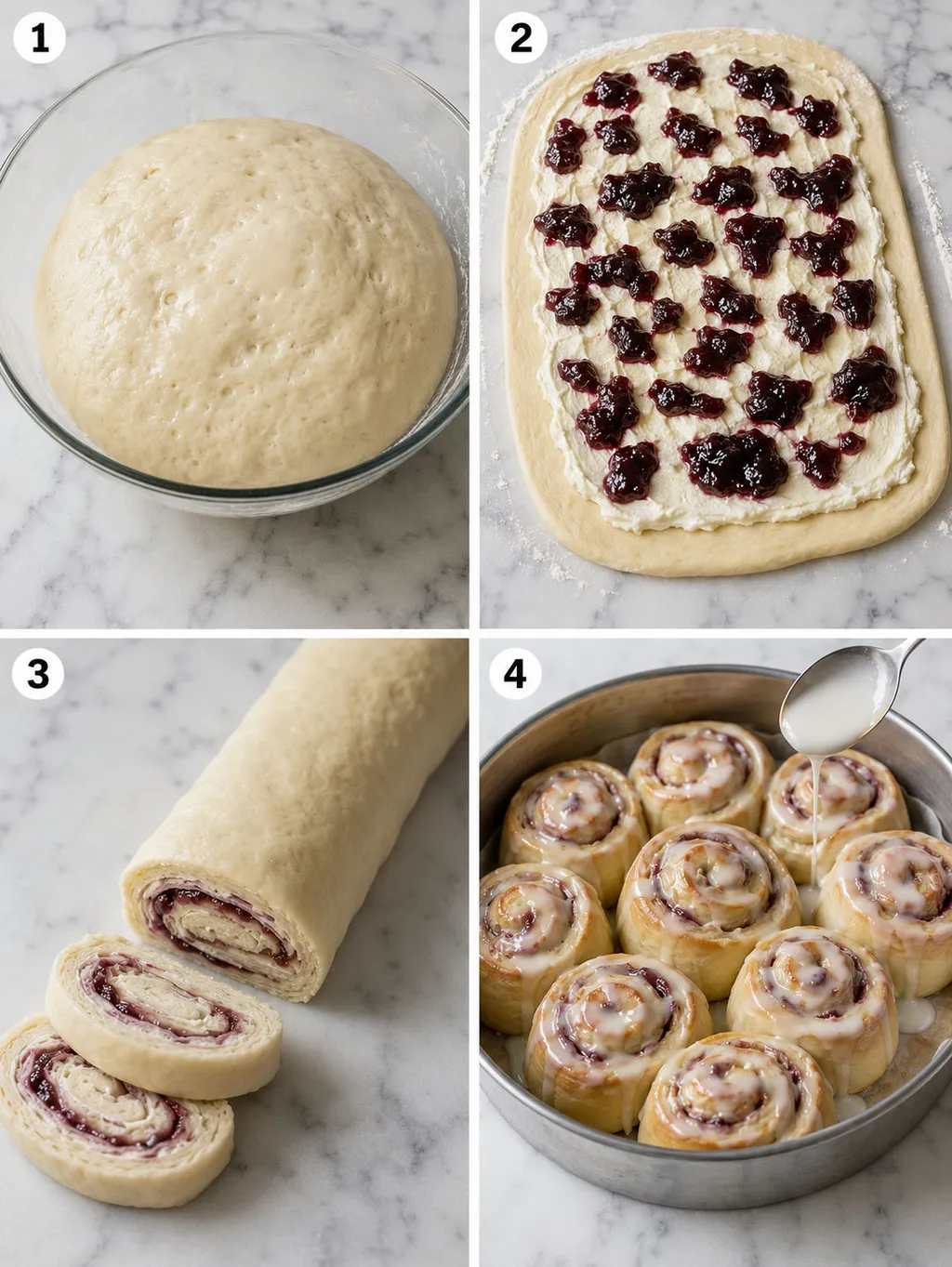 Four steps of rolling and slicing cheese and jam snail buns before baking