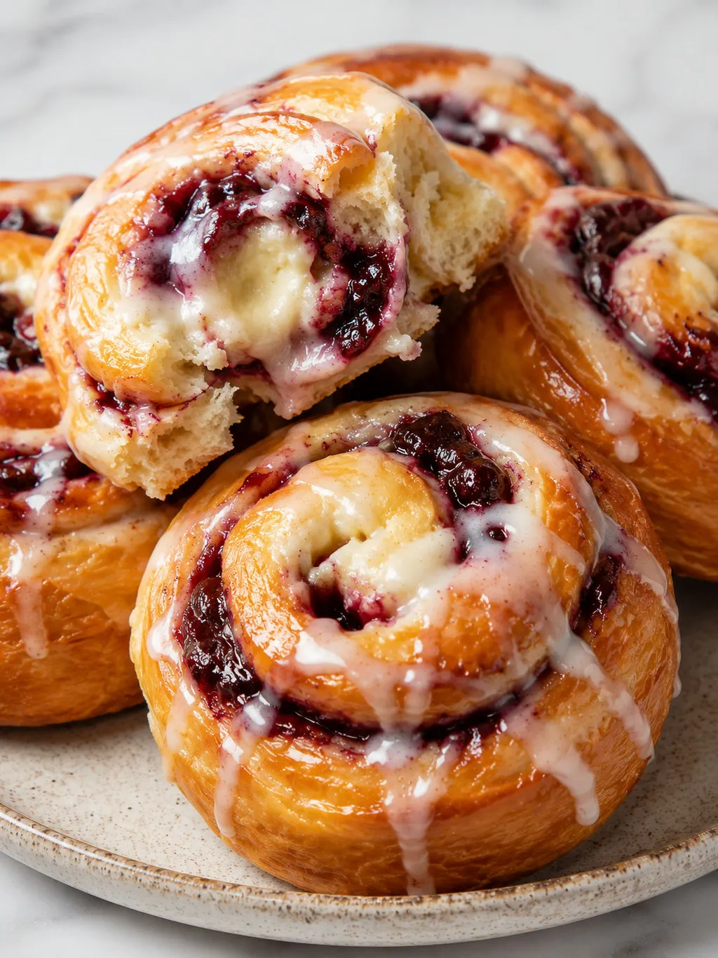 Cheese and cherry jam snail bun torn open showing creamy filling and icing