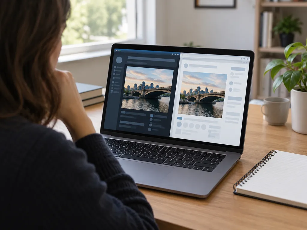 Osoba porównuje na laptopie tę samą fotografię mostu zamieszczoną w dwóch różnych układach strony.