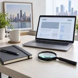 Laptop, notes i lupa na biurku, z niewielką fotografią panoramy Chicago w tle.