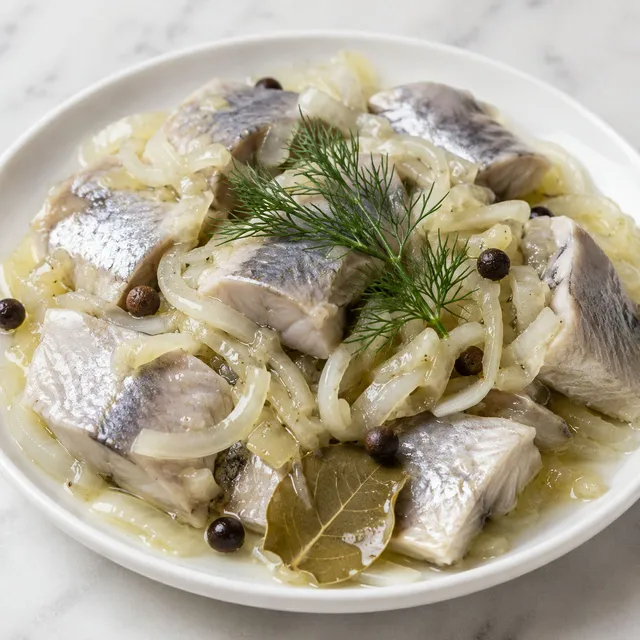 Marinated herring fillets in oil with onion rings and dill on a plate