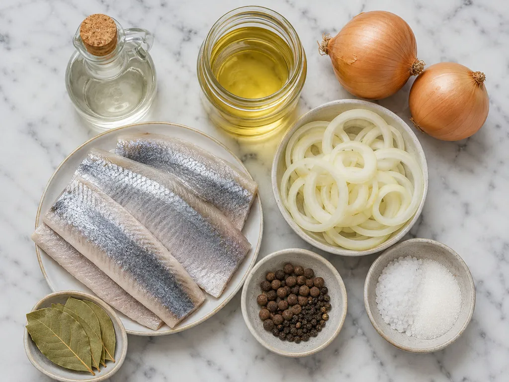 Raw herring fillets, onions, oil, bay leaves and spices on a wooden board