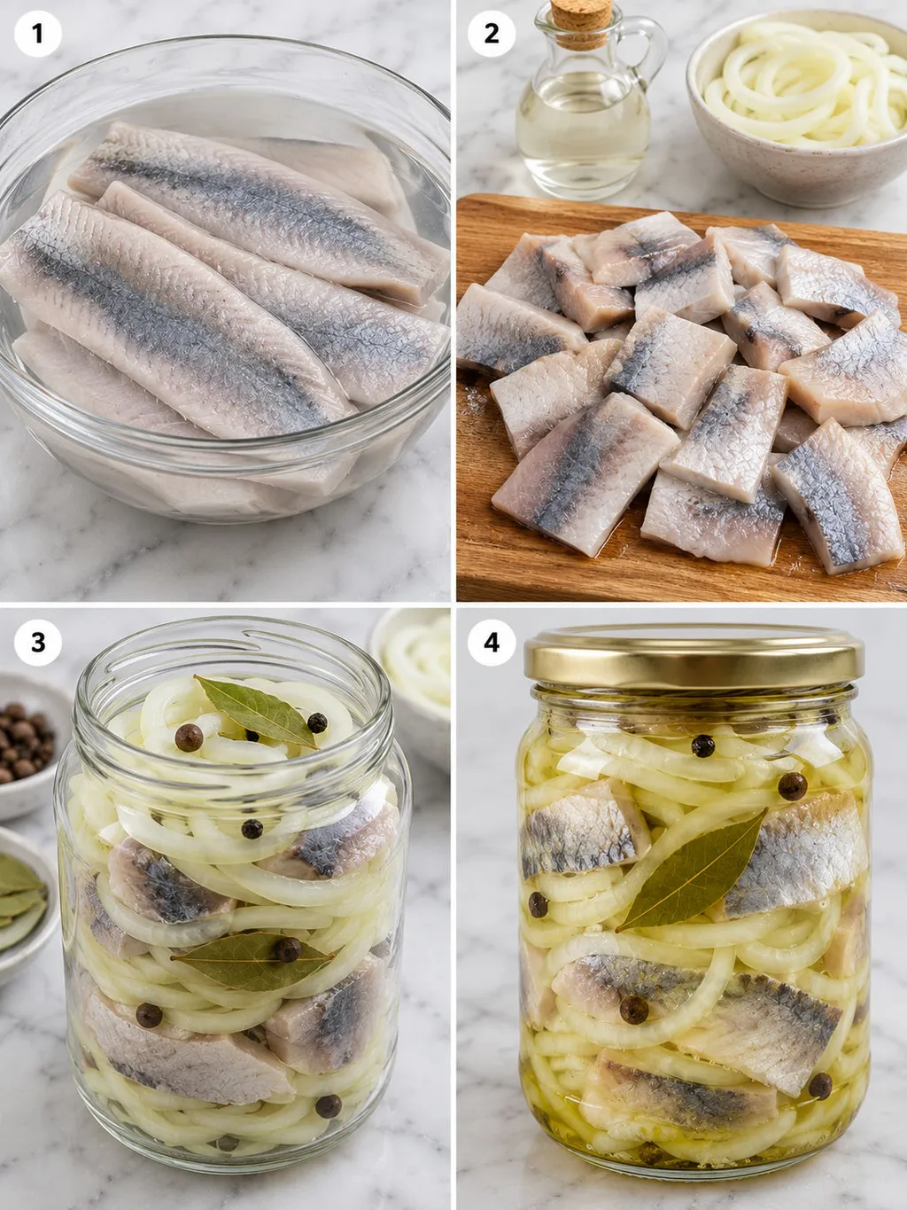 Four steps of preparing herring in oil, from soaking to layering in a jar