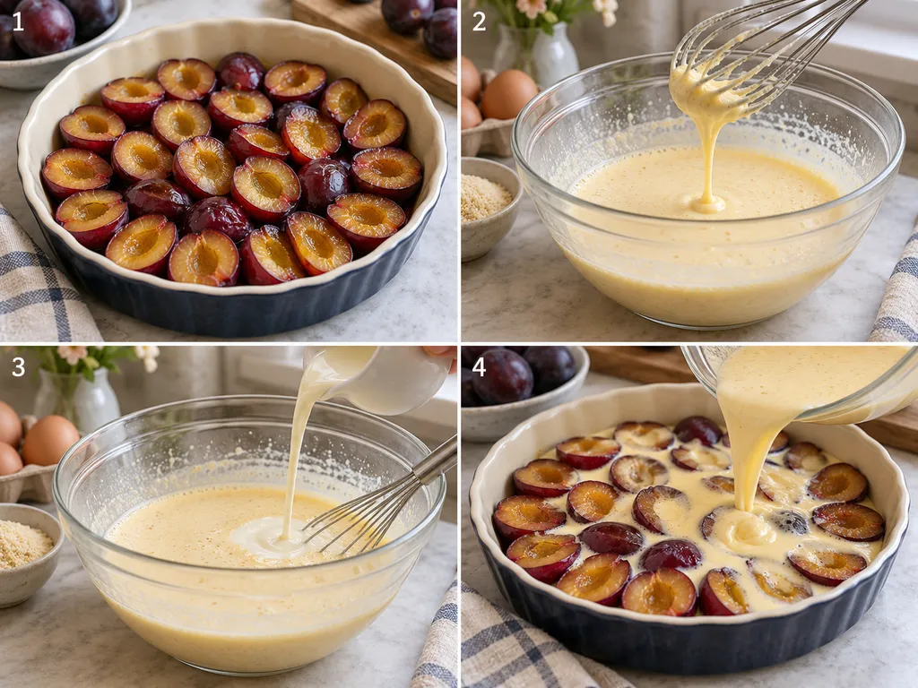 Cztery etapy przygotowania clafoutis ze śliwkami krok po kroku