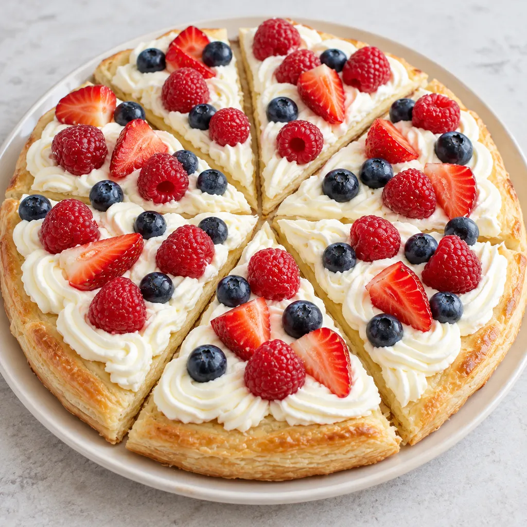 Słodka pizza z ciasta francuskiego z kremem i owocami