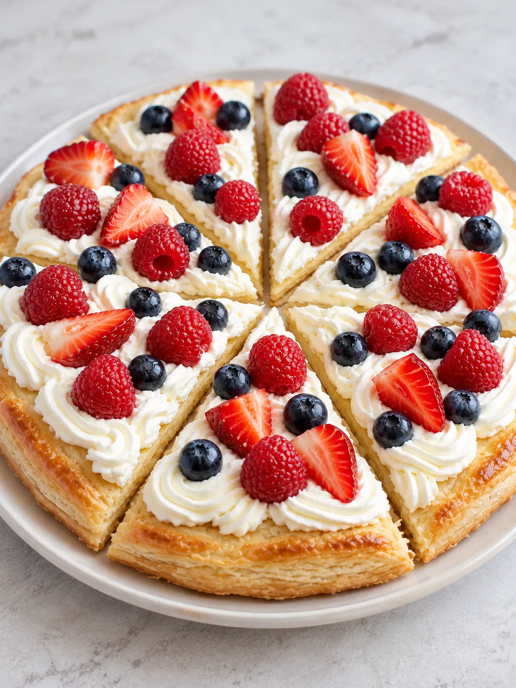 Okrągła słodka pizza z ciasta francuskiego z kremem i owocami