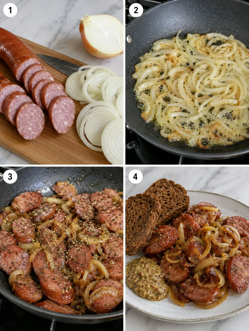 Four steps of pan-frying kielbasa with onions from raw to plated