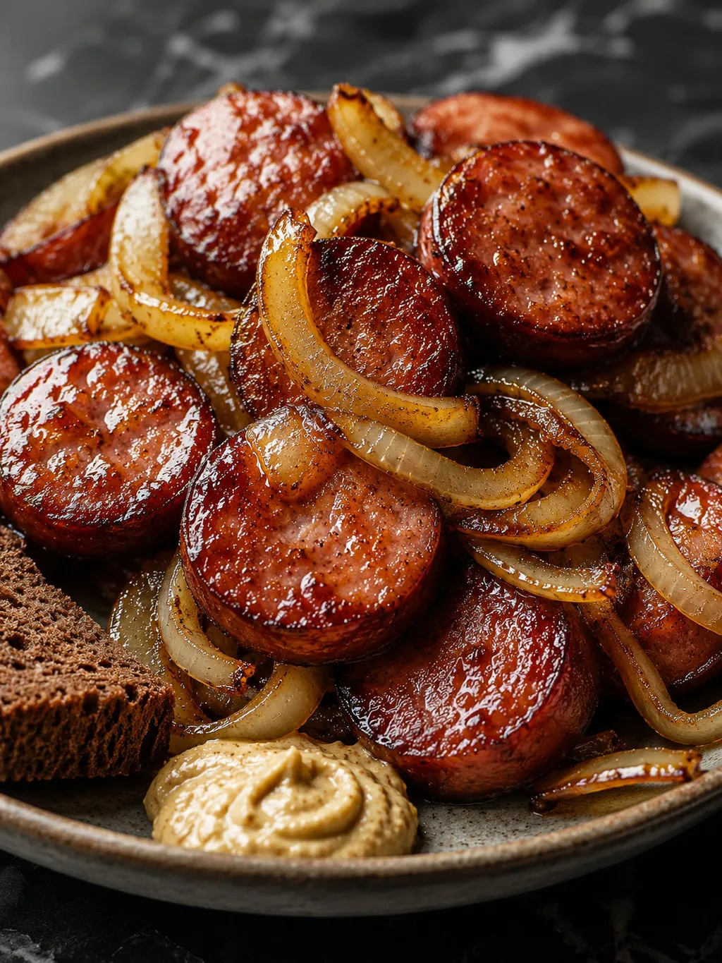 Close-up pile of pan-fried kielbasa and caramelized onions with rye bread
