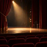 Symboliczna ilustracja pustej sceny teatralnej oświetlonej ciepłym reflektorem.