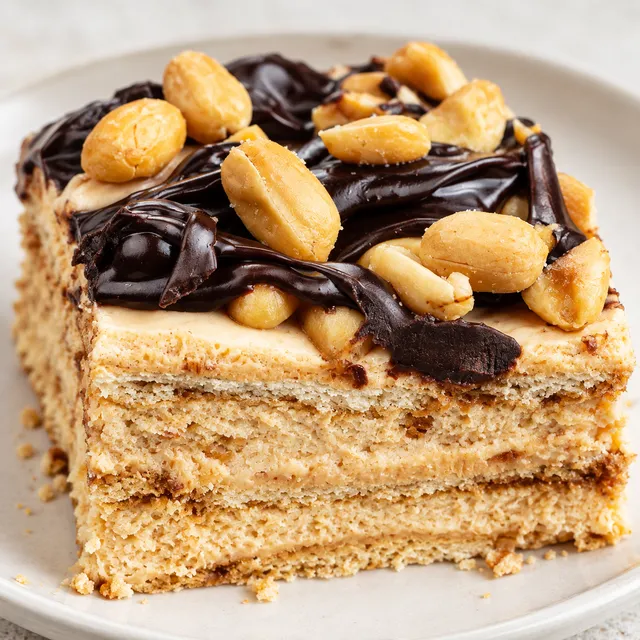 Kawałek ciasta Snickers bez pieczenia z czekoladą i orzeszkami