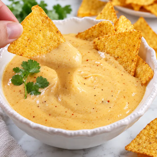 Kremowy sos serowy z cheddara z nachosem w jasnej miseczce