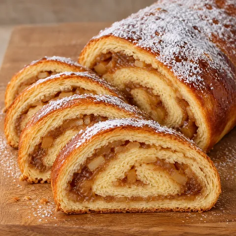 Pokrojona strucla drożdżowa z jabłkami i cynamonem na desce, widoczna spirala nadzienia