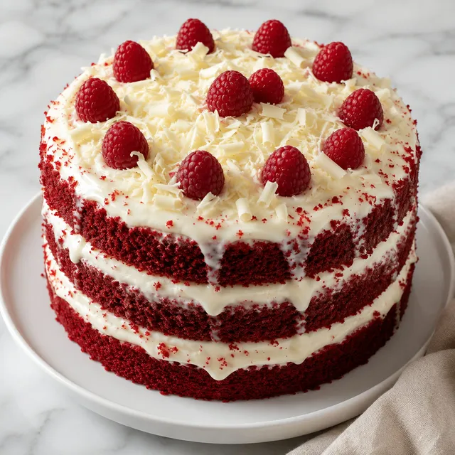Red velvet layer cake with white cream cheese frosting and fresh raspberries
