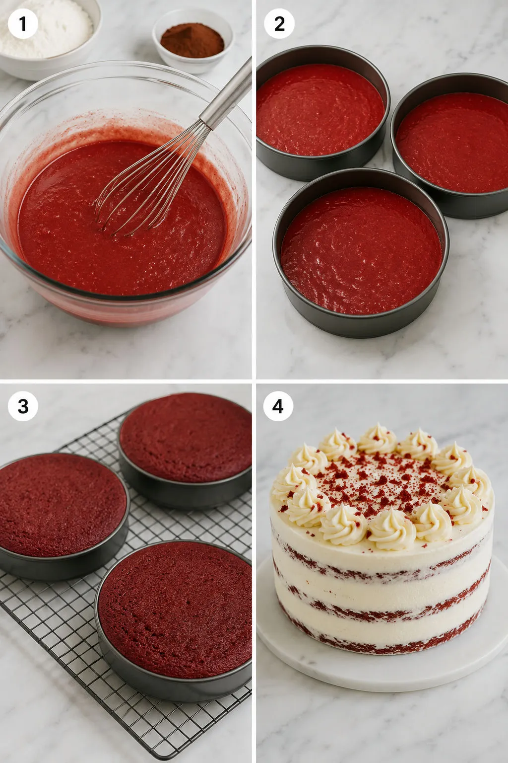 Four steps of making red velvet cake from mixing batter to frosting layers