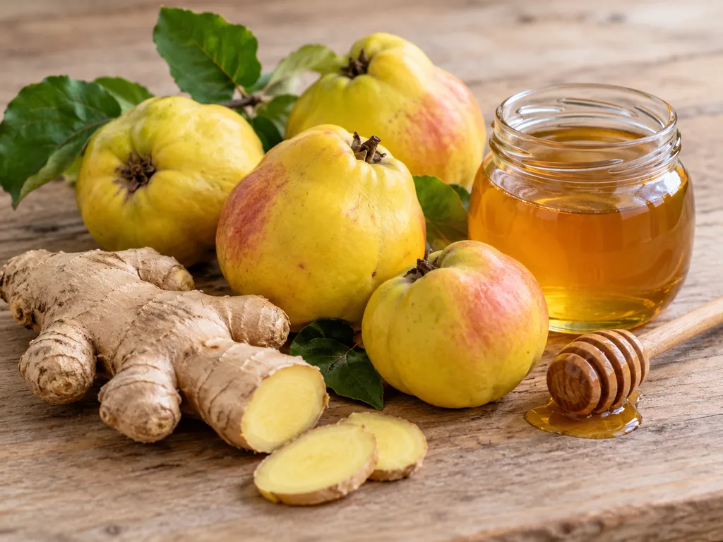 Raw quince fruit, fresh ginger root and a jar of honey on a wooden table