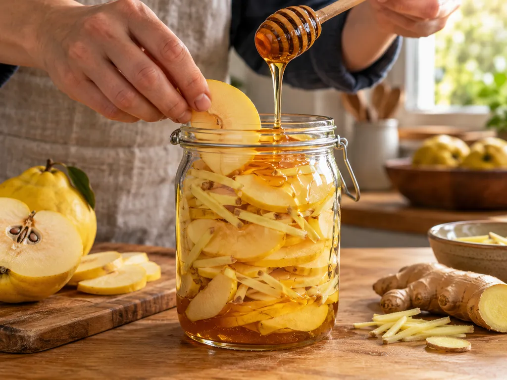 Hands layering quince slices, ginger and honey into a glass jar