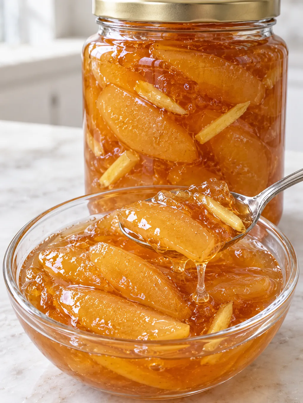 Jar of quince ginger syrup with a small glass dish and spoon of syrup