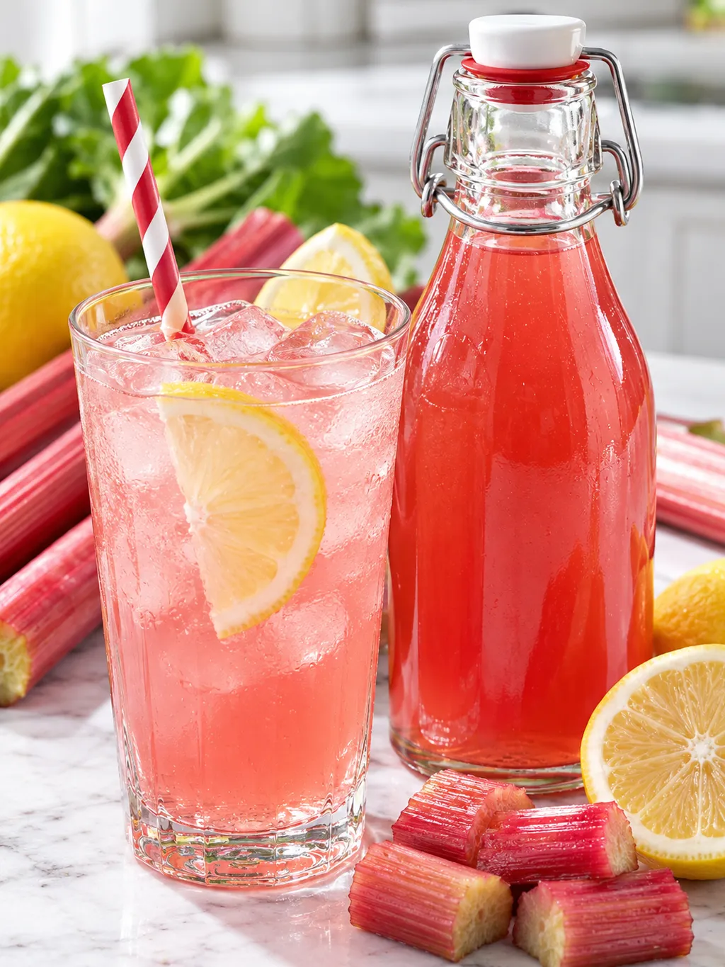 Różowa lemoniada z syropu rabarbarowego z cytryną i lodem