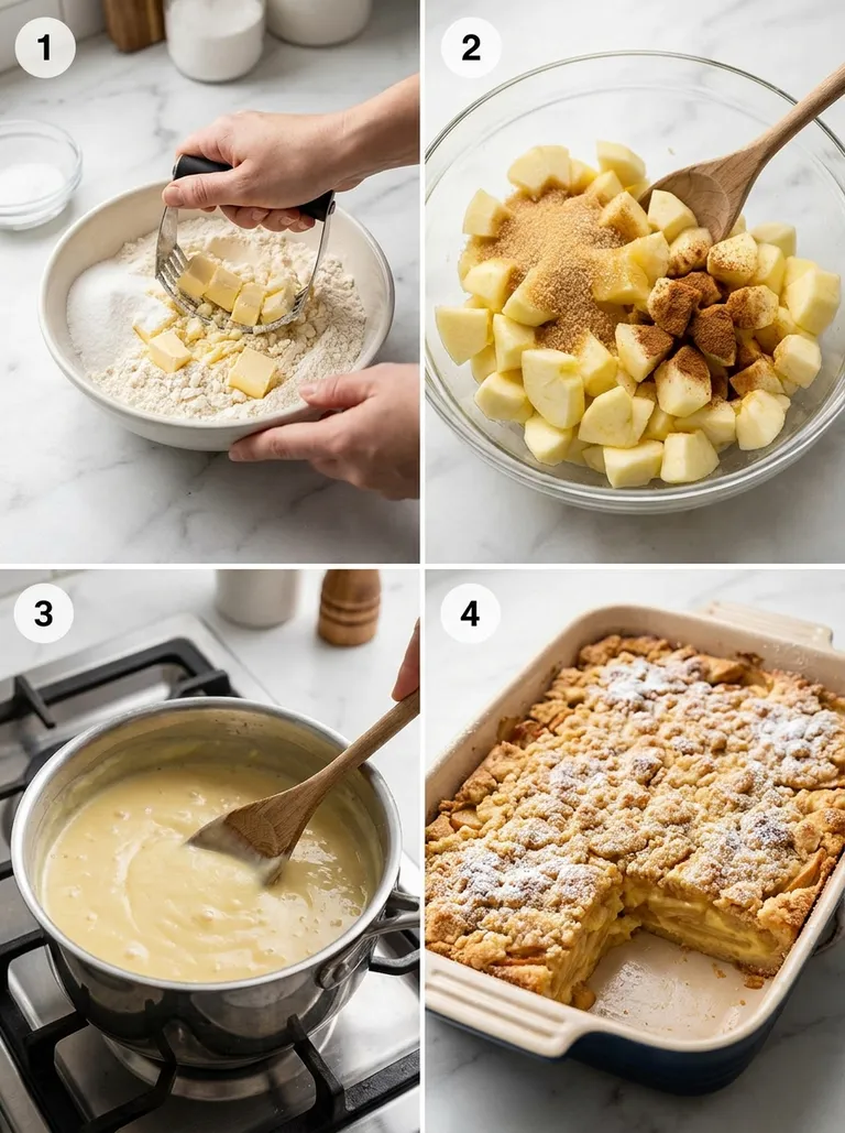 Four steps of making Polish apple pie with vanilla custard from dough to baked cake