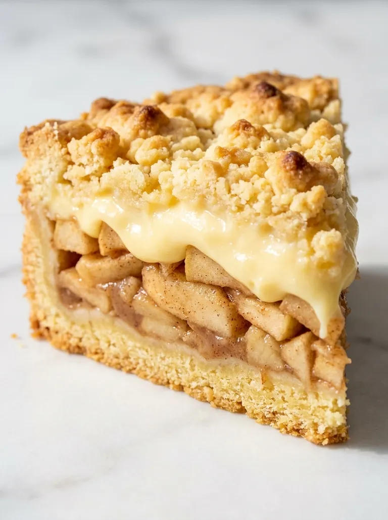 Close-up slice of Polish apple pie with vanilla custard and crumble topping
