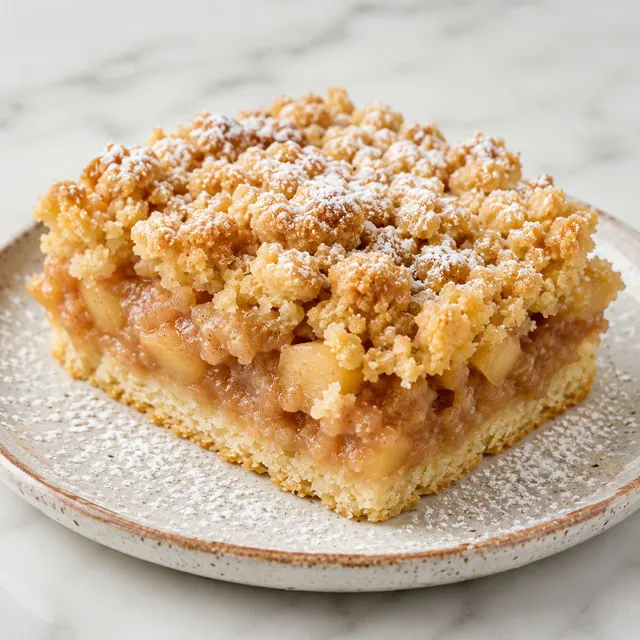 Slice of Polish apple crumble cake with golden crumble topping and cinnamon apples