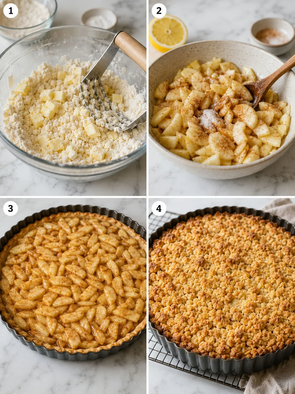 Four steps of making Polish apple crumble cake from dough to golden crumble topping