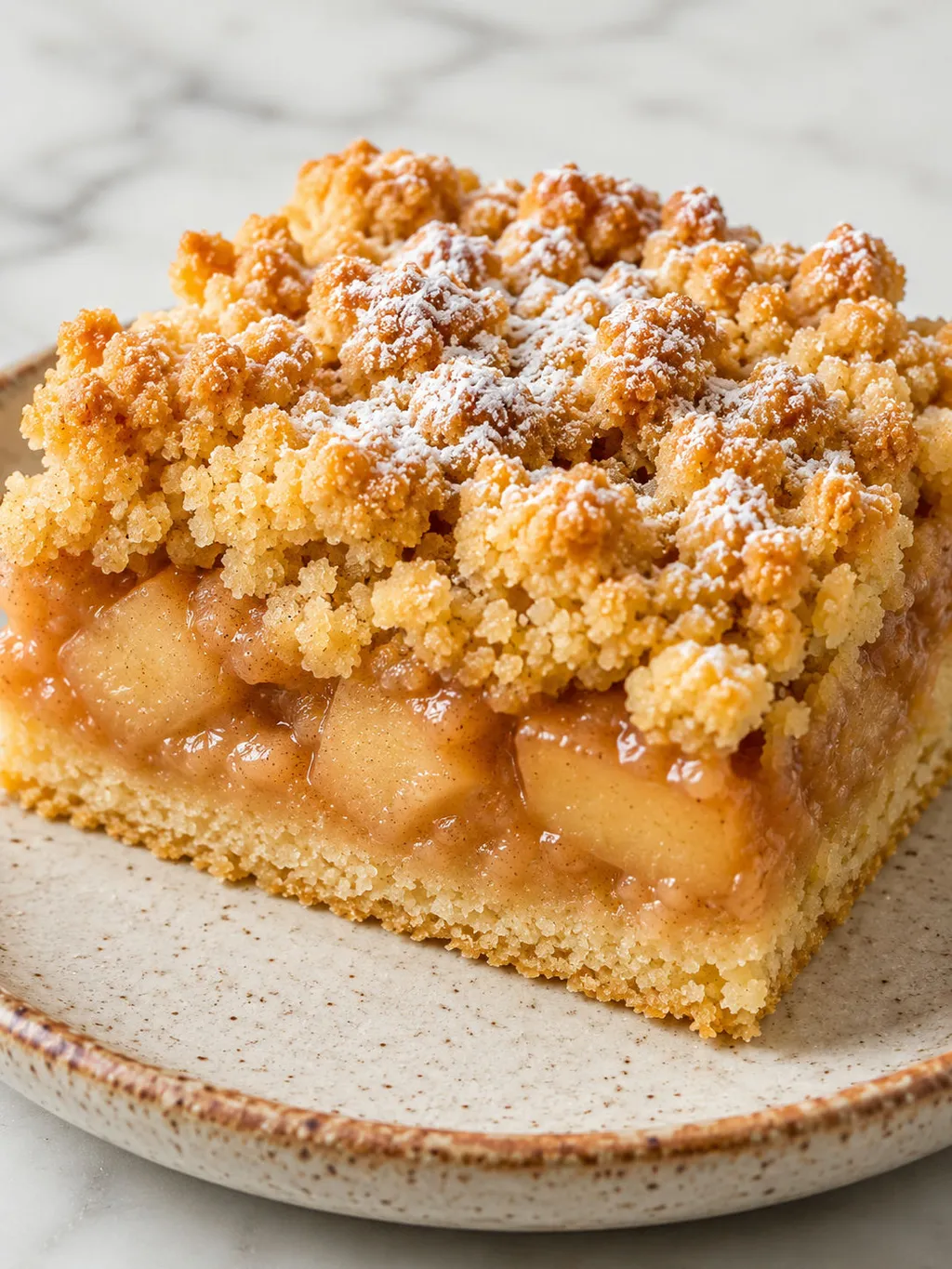 Close-up slice of Polish apple crumble cake with golden topping and cinnamon apples