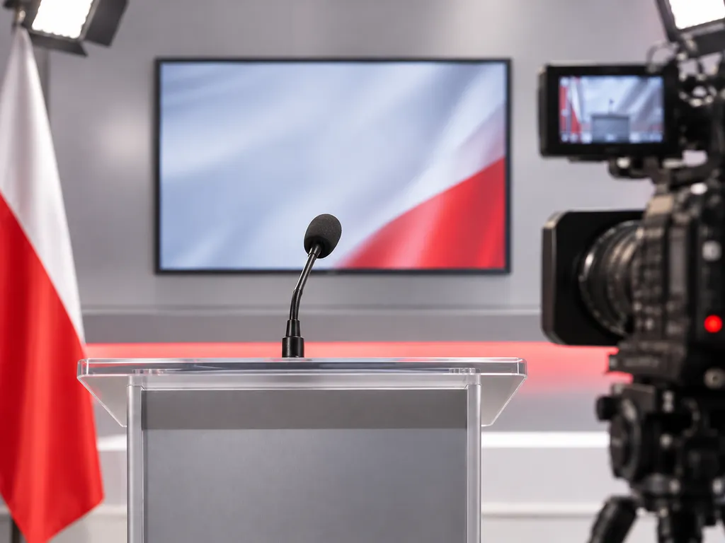 Mikrofon i kamera przed neutralnym ekranem symbolizują publiczne wystąpienie.
