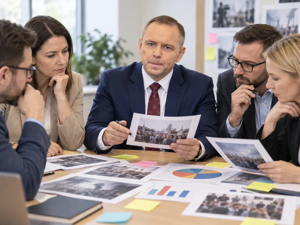 Grupa osób porównuje materiały i wykres podczas spokojnej analizy przekazu.