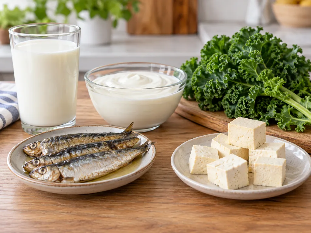 Mleko, jogurt naturalny, tofu, sardynki konserwowe i jarmuż przedstawione jako różne produkty spożywcze.