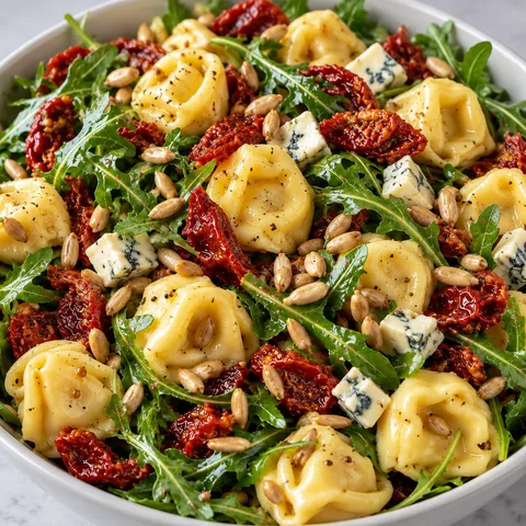 Sałatka z tortellini, rukolą, suszonymi pomidorami i gorgonzolą w białej misce