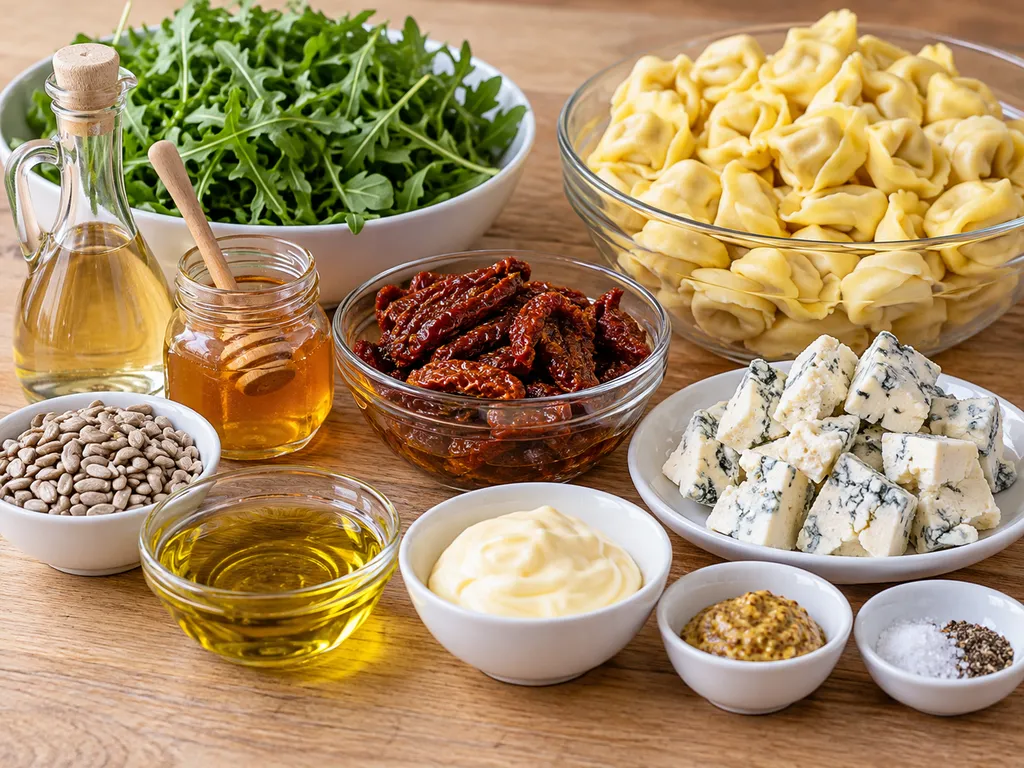 Surowe składniki na sałatkę z tortellini, rukolą i suszonymi pomidorami