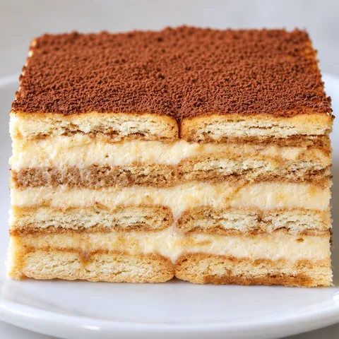 Kawałek tiramisu na herbatnikach z warstwami kremu i kakao na talerzu