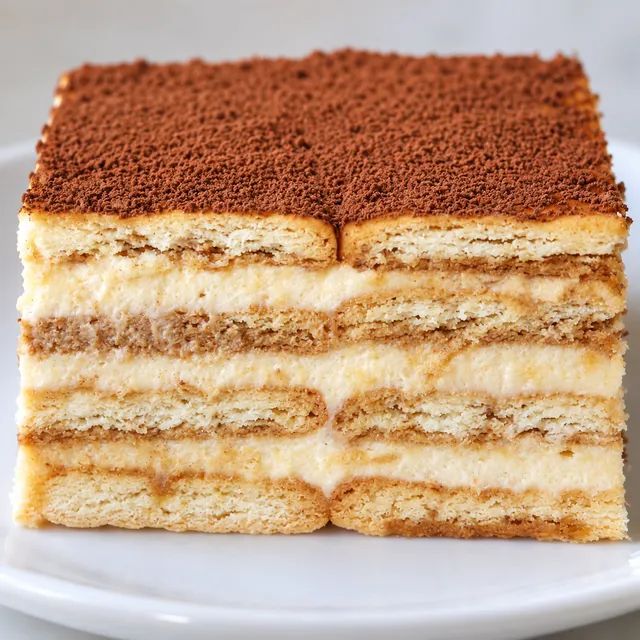 Kawałek tiramisu na herbatnikach z warstwami kremu i kakao na talerzu
