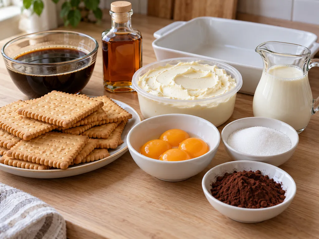 Surowe składniki na tiramisu na herbatnikach: mascarpone, żółtka, kawa i kakao