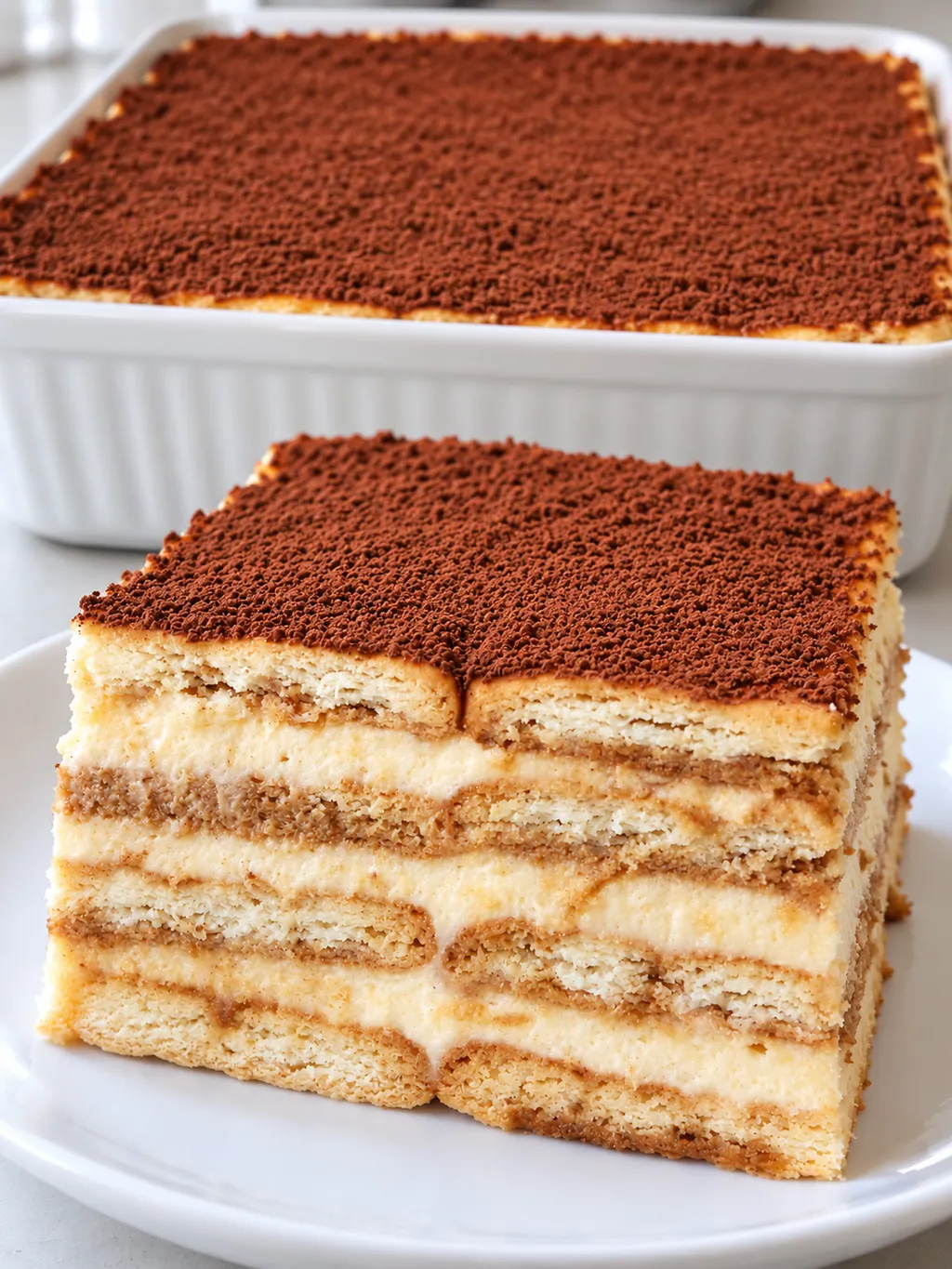 Cała forma tiramisu na herbatnikach z kawałkiem na talerzu z przodu
