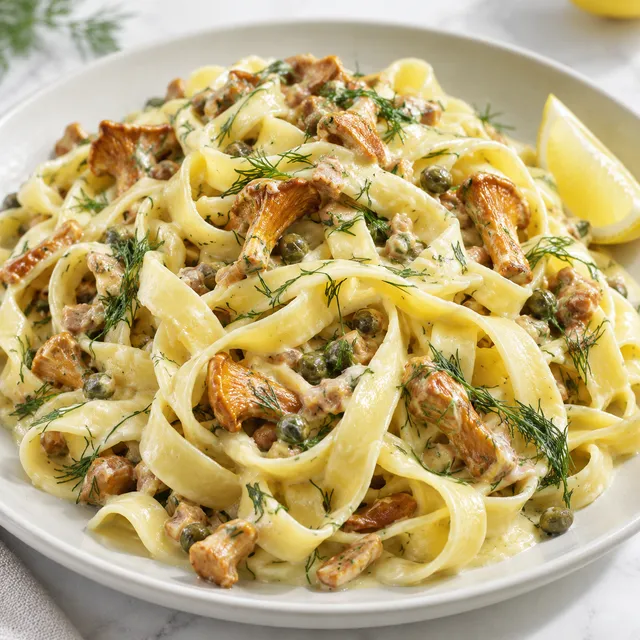 Tagliatelle z kurkami w kremowym sosie z koperkiem i kaparami